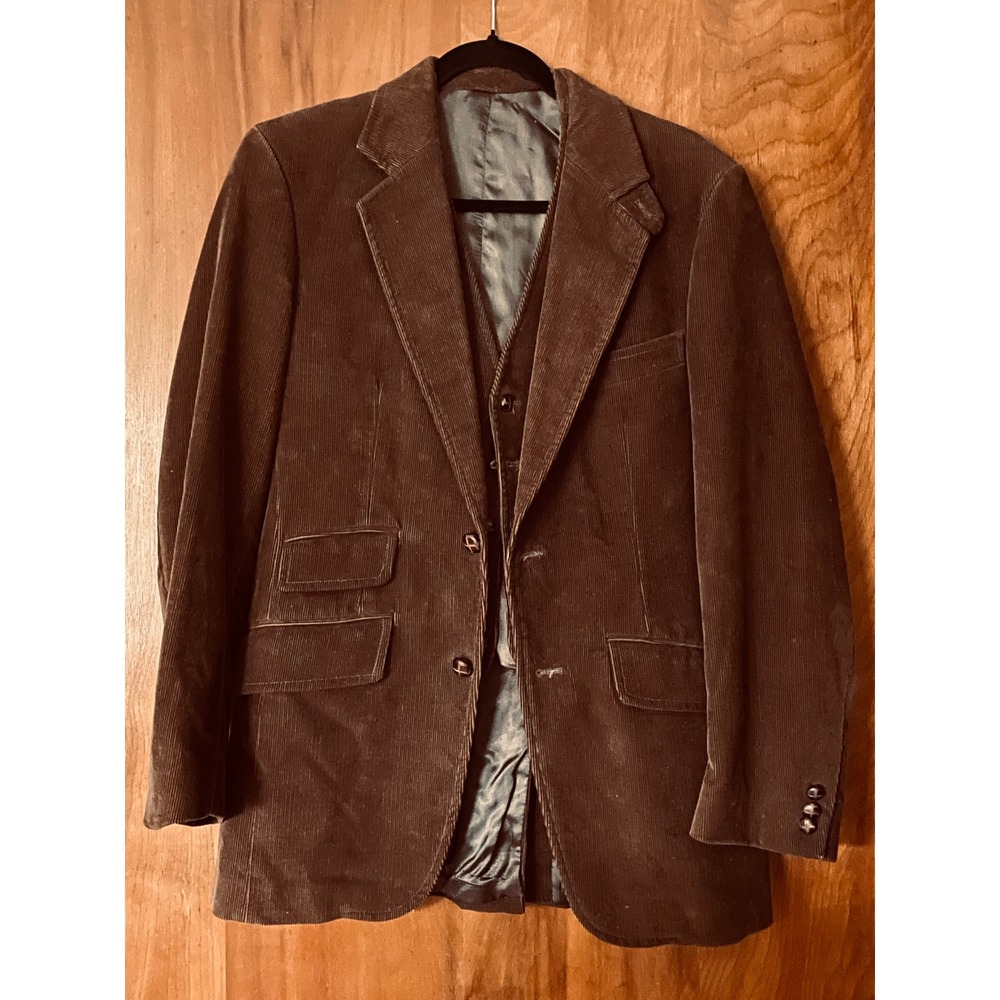 Vintage 70s Mercedes Men's Brown Corduroy 2 Pc Blazer Jacket & Vest Set Slim